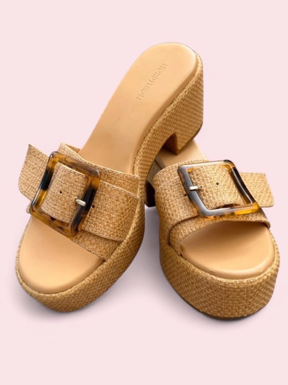 Nordstrom Tan Woven Platform Slide Sandals with Tortoiseshell Buckle